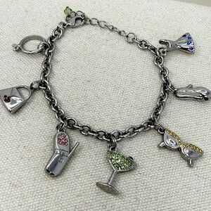 Lia Sophia Party Girl Charm Bracelet Silver Tone Phone Martini Glass Ring Purse